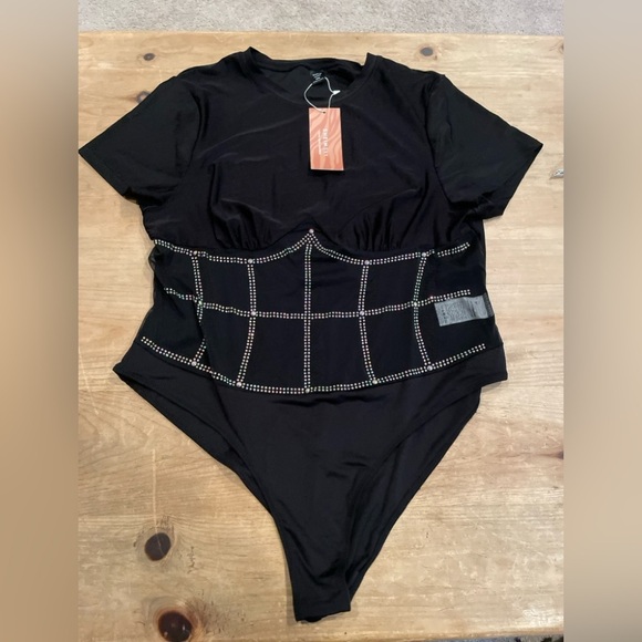 SHEIN Tops - NWT Shein SXY Curve Black Rhinestone Bodysuit Plus Size 2X Bling
